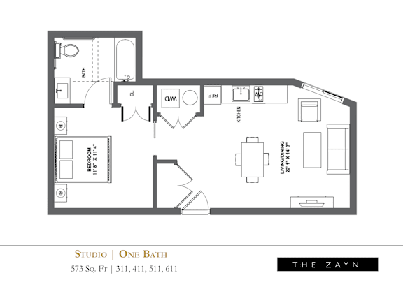Floor Plan  A black and white image of a floor plan for a studio apartment.