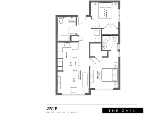 Floor Plan  A black and white image of a floor plan for an apartment named "The Zayn".