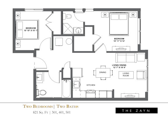 Floor Plan  A floor plan of a two bedroom, two bathroom apartment.
