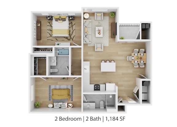 Floor Plan  A 2 bedroom apartment with 2 bathrooms and 1,184 square feet.