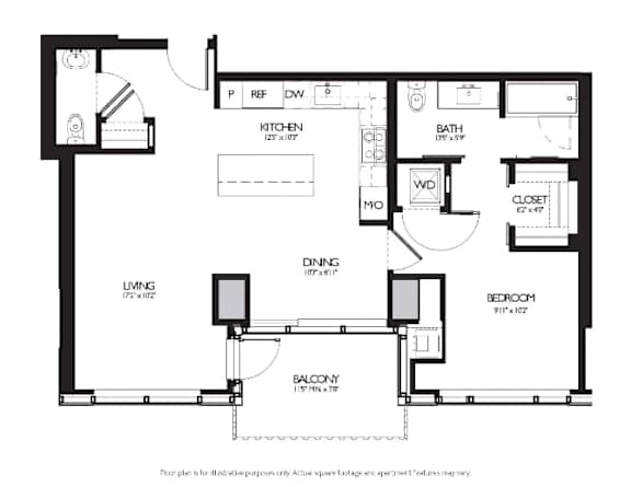 Floor Plan  1 Bed 1.5 Bath Floor Plan at Two Lincoln Tower, Bellevue, 98004