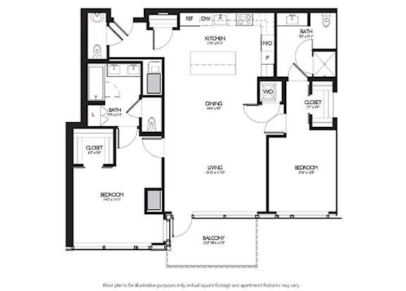 Floor Plan  2 Bed 2.5 Bathroom Floor Plan at Two Lincoln Tower, Bellevue, WA, 98004