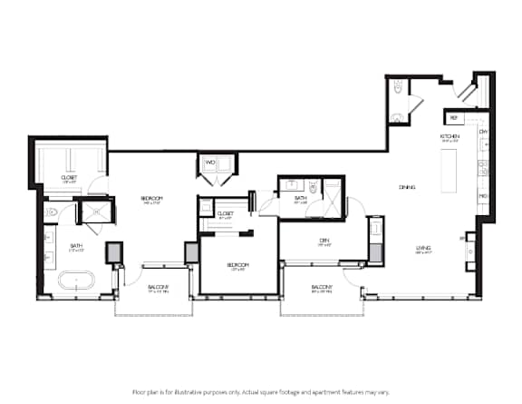 Floor Plan  2 Bed 2.5 Bathroom Floor Plan at Two Lincoln Tower, Bellevue
