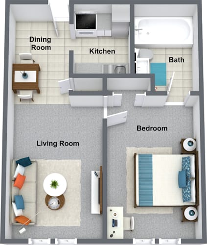 Floor Plan  A diagram of a small apartment with a living room, dining room, kitchen, bathroom, and bedroom.