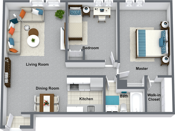Floor Plan  A floor plan of a small apartment with a living room, dining room, kitchen, bedroom, and walk-in closet.