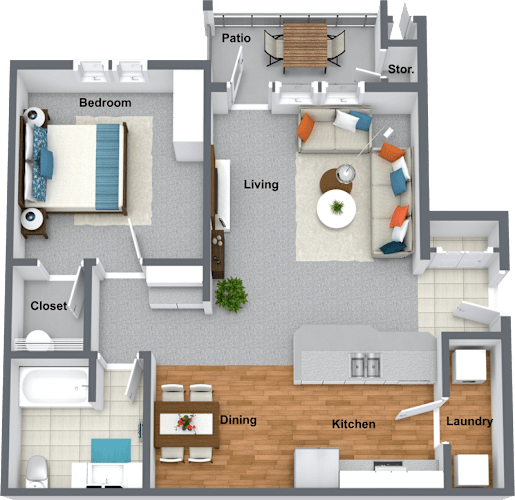 Floor Plan  A 3D rendered image of a house layout with labeled rooms.
