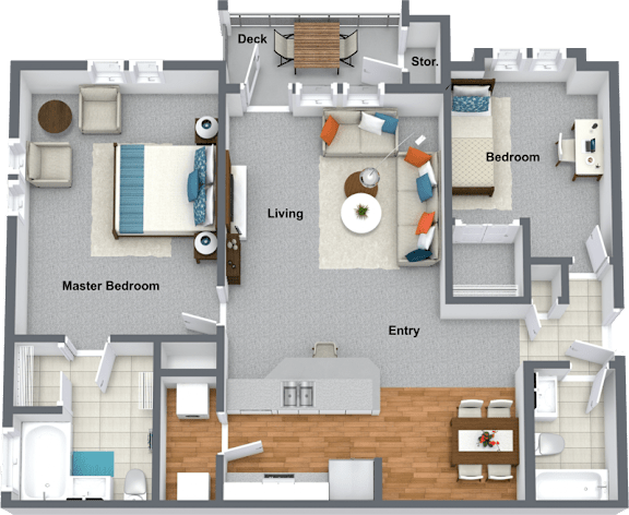 Floor Plan  A floor plan of a house with a deck, two bedrooms, a living room, and a kitchen.