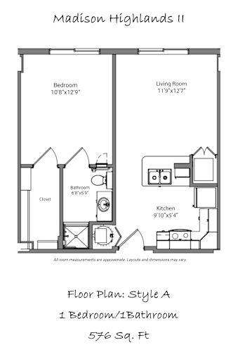 Floor Plan  A floor plan for a one bedroom, one bathroom apartment at Madison Highlands Senior Apartments.