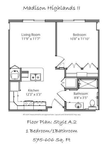 Floor Plan  A floor plan for a one bedroom/one bathroom apartment at Madison Highlands Senior Living.