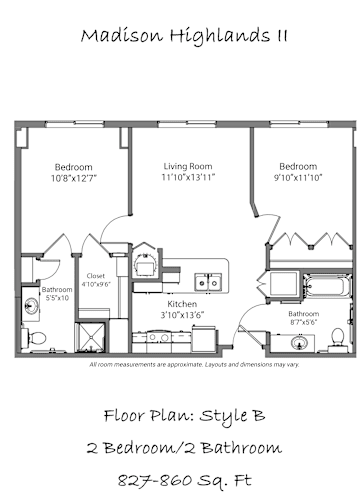 Floor Plan  A floor plan for a two bathroom apartment at Madison Highlands II Senior Apartments.