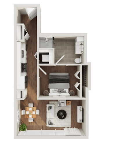 Floor Plan  A top-down view of a small apartment layout with a kitchen, living room, and bathroom.