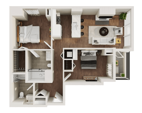 Floor Plan  A top-down view of a modern apartment layout with a kitchen, living room, and bedroom.