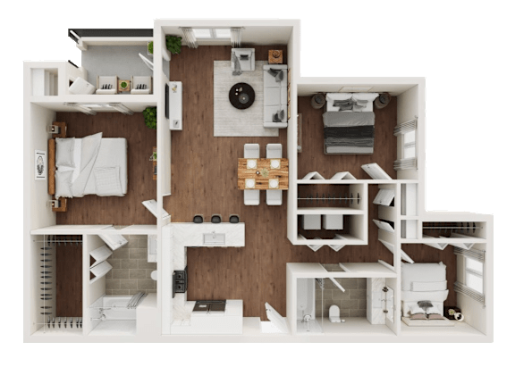 Floor Plan  A 3D rendered image of a modern apartment layout.