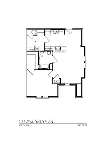 Floor Plan  A black and white image of a 1-BR standard plan with a total area of 748.50 square feet.