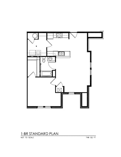 Floor Plan  A black and white image of a 1-BR standard plan with a total area of 748-50 square feet.