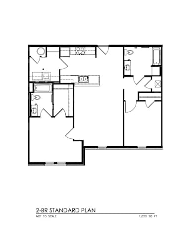 Floor Plan  A black and white image of a 2-BR standard floor plan.