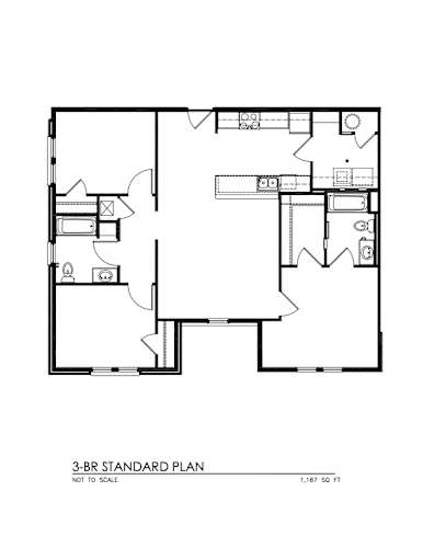 Floor Plan  A black and white image of a 3-BR standard plan with a total area of 1,167 sq ft.