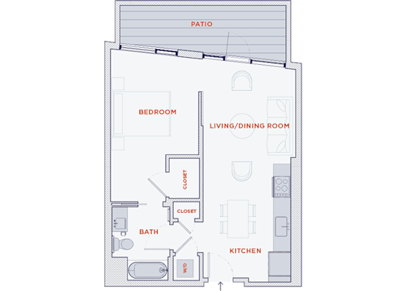 Floor Plan  A floor plan of a house with a bedroom, bathroom, kitchen, and living/dining room.