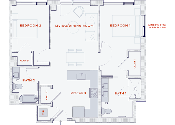 Floor Plan  A floor plan of a house with two bedrooms, a living/dining room, a kitchen, two bathrooms, a closet, and a WC.