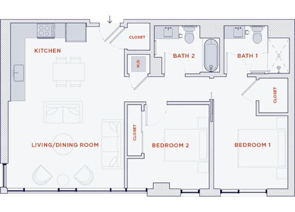 Floor Plan  A floor plan of a house with two bedrooms, a living/dining room, a kitchen, and two bathrooms.