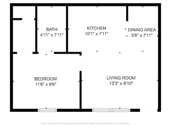 Floor Plan  A floor plan for an apartment with a bedroom, living room, kitchen, and dining area.