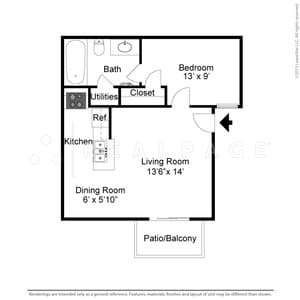 Floor Plan  A floor plan of a small apartment with a living room, dining room, kitchen, bathroom, bedroom and patio.