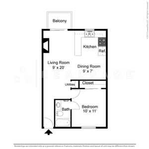 Floor Plan  A floor plan of a small apartment with a living room, dining room, kitchen, bathroom and bedroom.