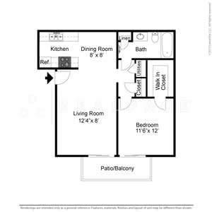 Floor Plan  A floor plan of a small apartment with a living room, dining room, kitchen, bathroom, and bedroom.