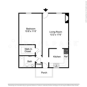 Floor Plan  A floor plan of a small apartment with a bedroom, living room, kitchen, bathroom, and porch.