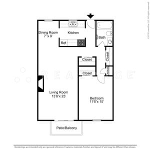 Floor Plan  A floor plan of a small apartment with a living room, dining room, kitchen, bathroom, and two closets.