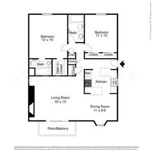 Floor Plan  A floor plan of a house with two bedrooms, a living room, a dining room, a kitchen, a bathroom, a patio, and a balcony.