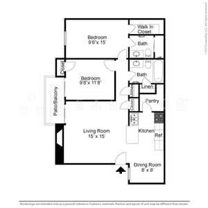 Floor Plan  A black and white image of a floor plan for a two bedroom apartment.
