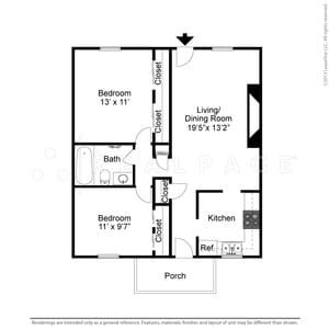 Floor Plan  A floor plan of an apartment with a living room, two bedrooms, a bathroom, a kitchen, and a porch.