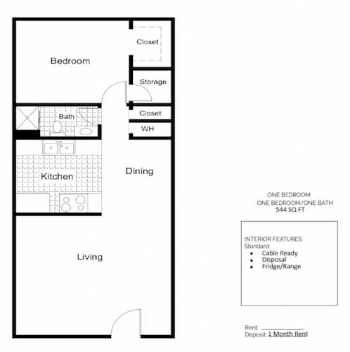 Floor Plan  A floor plan of a one bedroom apartment with a kitchen, living room and bathroom.
