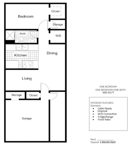 Floor Plan  A black and white floor plan of a one bedroom apartment with a garage.