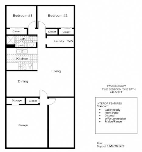 Floor Plan  A floor plan of a two bedroom apartment with a garage.