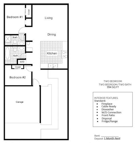 Floor Plan  A floor plan for a two bedroom apartment with a living room, dining room, kitchen, bathrooms, and a garage.