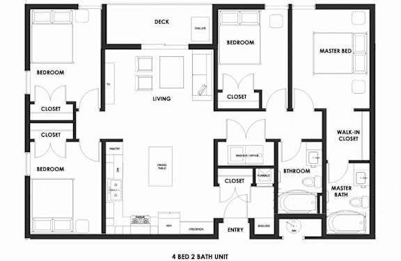 Floor Plan  A black and white image of a 4 bedroom 2 bath house plan.