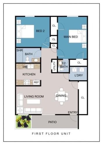 Floor Plan  2 Bedroom, 1.5 Bath Apartment