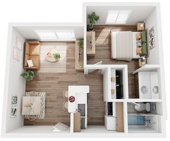 Floor Plan  a rendering of a 1 bedroom floor plan with a bathroom and a living room
