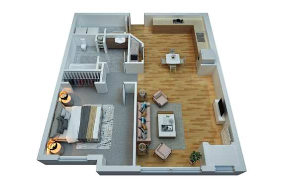 Floor Plan  A 3D rendered image of a house layout.