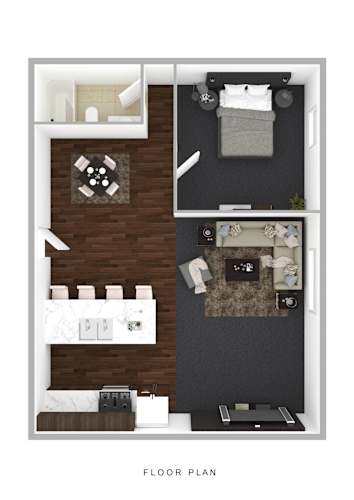 Floor Plan  A floor plan of a small apartment with a kitchen, living room, and bedroom.