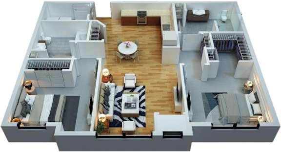 Floor Plan  A 3D floor plan of a house with a living room, kitchen, and two bedrooms.