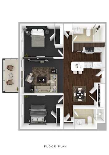Floor Plan  A floor plan of a house with a kitchen, living room, and two bedrooms.
