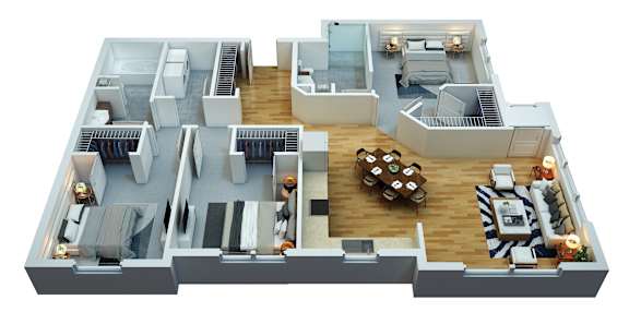 Floor Plan  A 3D floor plan of a house with a living room, kitchen, dining room, and bedrooms.