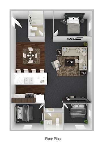 Floor Plan  A floor plan of a house showing a kitchen, living room, dining room, and bedrooms.