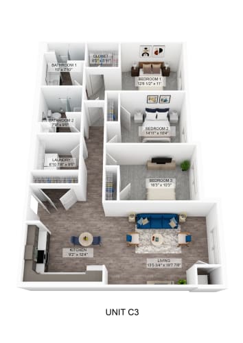 Floor Plan  a stylized floor plan of unit c3 with a bedroom and living room