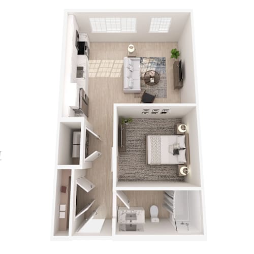 Floor Plan  A top-down view of a small apartment with a living room, kitchen, and bathroom.