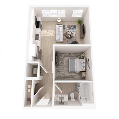 Floor Plan  A top-down view of a small, neatly organized apartment.