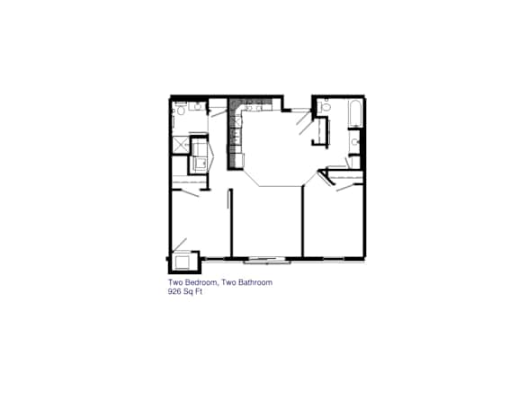 Floor Plan  A floor plan of a 926 square foot two bedroom, two bathroom home.